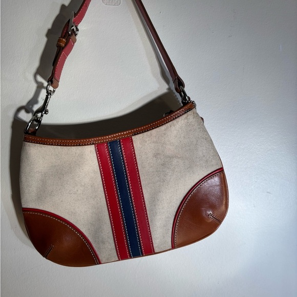 Coach Vtg Tan Canvas Varsity Stripe Shoulder Bag w/ Leather Trim - Picture 1 of 15